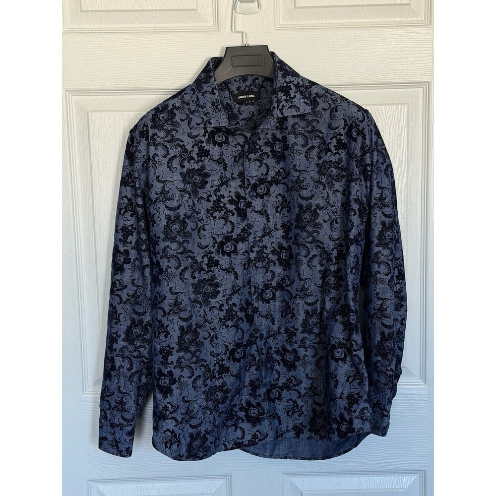 Jared Lang Men's Navy Blue Floral Graphic Long Sleeve Button Down Shirt Size L